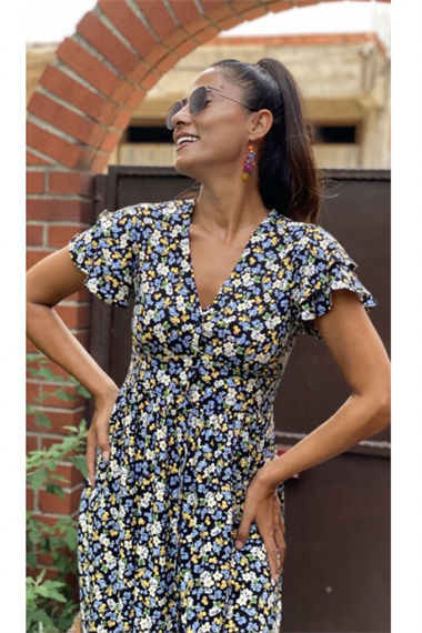 Siyah Sarı Çıtır Desen V Yaka Gömlek Elbise