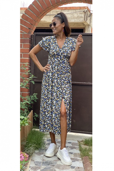 Siyah Sarı Çıtır Desen V Yaka Gömlek Elbise