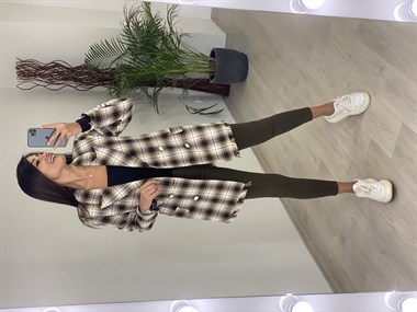 Siyah Camel Kareli Desen Eteği Püsküllü Tüvit Kadın Ceket