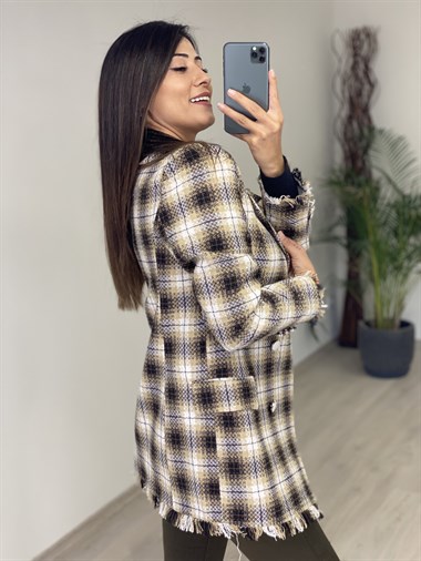 Siyah Camel Kareli Desen Eteği Püsküllü Tüvit Kadın Ceket