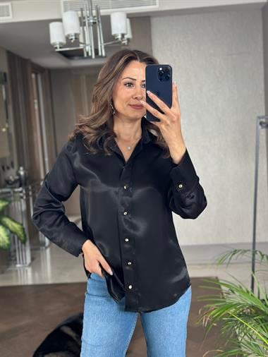 Siyah Saten Gold Düğmeli Uzun Kol Kadın Gömlek