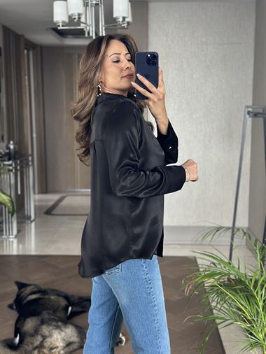 Siyah Saten Gold Düğmeli Uzun Kol Kadın Gömlek