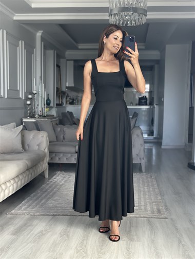Siyah Scuba Bağlama Detay Maxi Boy Kadın Elbise 
