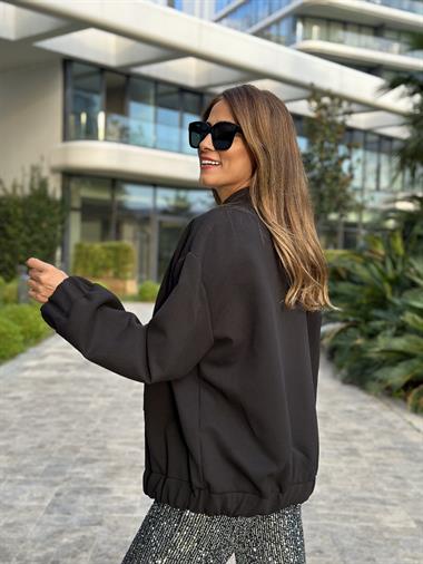 Siyah Scuba Krep Uzun Bomber Kadın Ceket