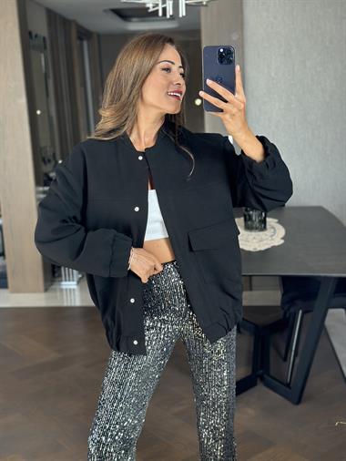 Siyah Scuba Krep Uzun Bomber Kadın Ceket