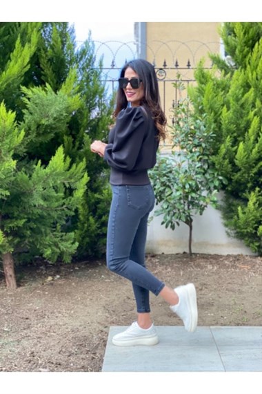 Siyah Scuba Prenses Kol Sweatshirt