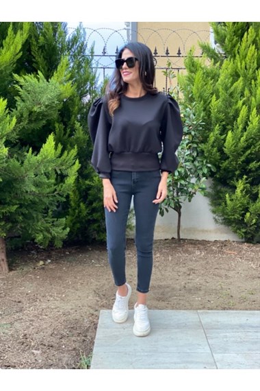 Siyah Scuba Prenses Kol Sweatshirt
