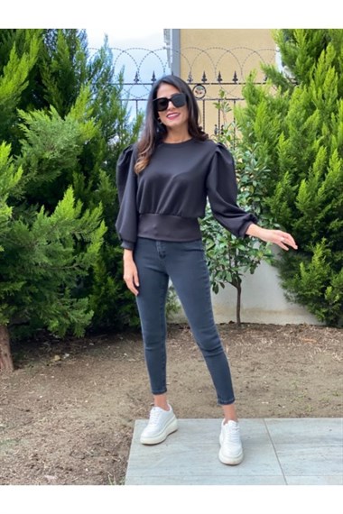 Siyah Scuba Prenses Kol Sweatshirt