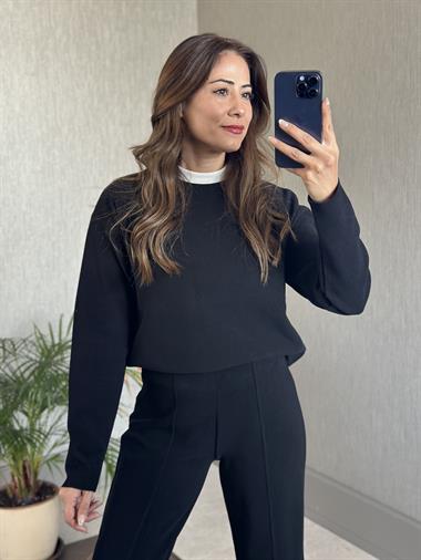 Siyah Selanik Eteği Ve Paçası Kesik Sweatshirt Pantolon Kadın Alt Üst Takım
