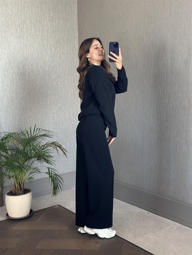 Siyah Selanik Eteği Ve Paçası Kesik Sweatshirt Pantolon Kadın Alt Üst Takım