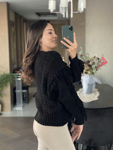 Siyah Selanik Saç Örgülü Püsküllü Kısa Kadın Hırka