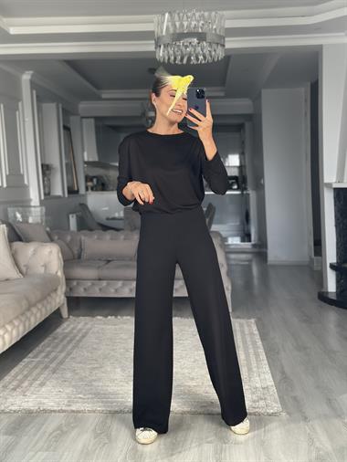 Siyah Selanik Yumoş Dokulu Beli Lastikli Kadın Pantolon