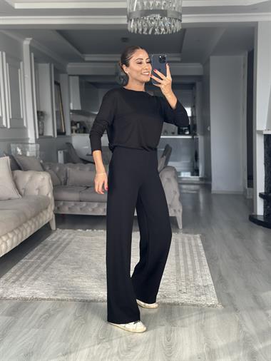 Siyah Selanik Yumoş Dokulu Beli Lastikli Kadın Pantolon