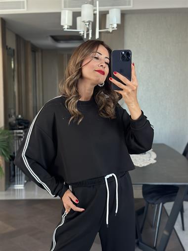 Siyah Şeritli Modal Crop Sweat Pantolon  Kadın İkili Takım
