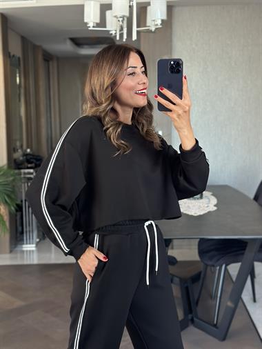 Siyah Şeritli Modal Crop Sweat Pantolon  Kadın İkili Takım