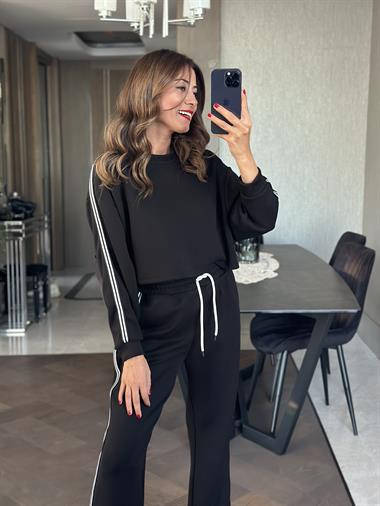 Siyah Şeritli Modal Crop Sweat Pantolon  Kadın İkili Takım