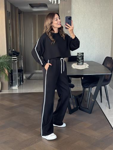 Siyah Şeritli Modal Crop Sweat Pantolon  Kadın İkili Takım