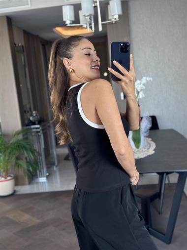 Siyah Şeritli U Yaka Sıfır Kol Fitilli Kaşkorse  Kadın Body