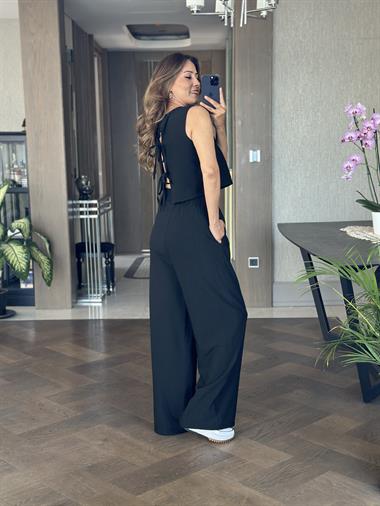 Siyah Sıfır Kol Arkası Bağcıklı Bluz Pantolon Kadın İkili Takım
