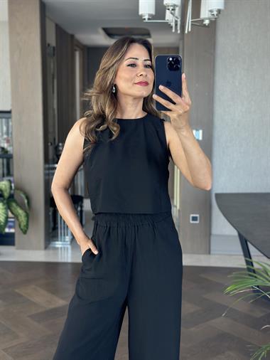 Siyah Sıfır Kol Arkası Bağcıklı Bluz Pantolon Kadın İkili Takım