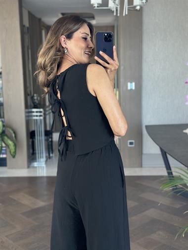 Siyah Sıfır Kol Arkası Bağcıklı Bluz Pantolon Kadın İkili Takım