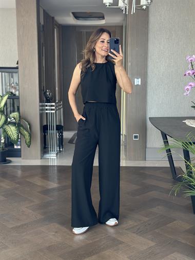 Siyah Sıfır Kol Arkası Bağcıklı Bluz Pantolon Kadın İkili Takım