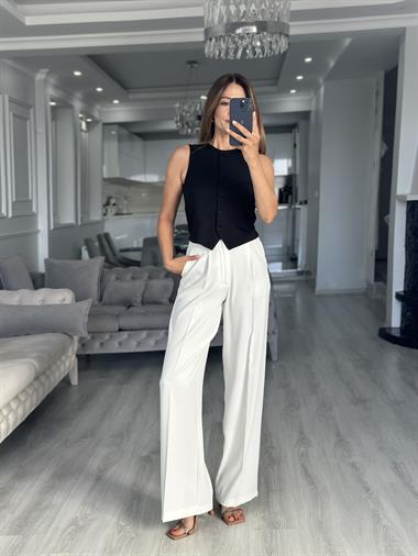 Siyah Sıfır Kol Düğmeli Bisiklet Yaka Kadın Yelek Bluz