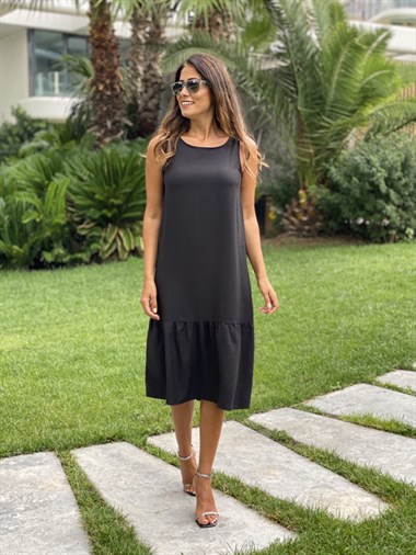 Siyah Sıfır Kol Eteği Volanlı Aerobin Kadın Elbise