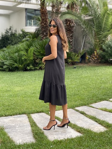 Siyah Sıfır Kol Eteği Volanlı Aerobin Kadın Elbise