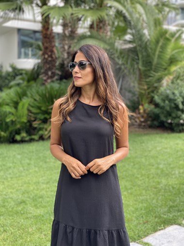 Siyah Sıfır Kol Eteği Volanlı Aerobin Kadın Elbise