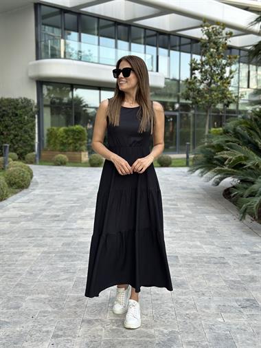 Siyah Sıfır Kol Gofre Beli Lastikli Kadın Elbise