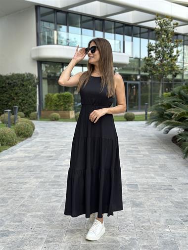 Siyah Sıfır Kol Gofre Beli Lastikli Kadın Elbise