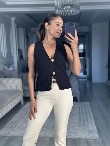 Acı Kahverengi Sıfır Kol Gold Düğmeli Kadın Triko Yelek