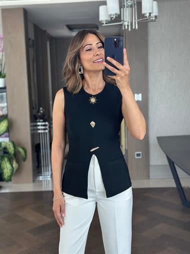 Siyah Sıfır Kol Güneş Serisi Ottoman Kadın Bluz