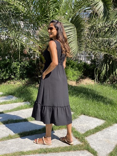 Siyah Sıfır Kol Önü Düğme Detay Bel Bağcıklı Cepli Aerobin Kadın Elbise