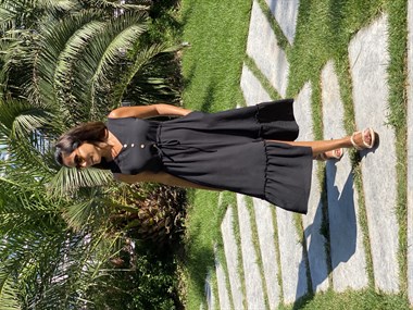 Siyah Sıfır Kol Önü Düğme Detay Bel Bağcıklı Cepli Aerobin Kadın Elbise