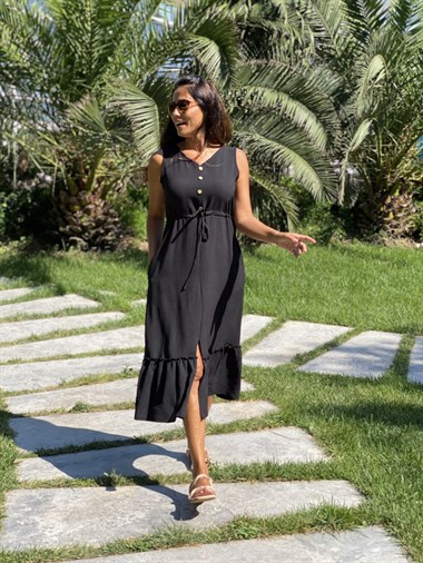 Siyah Sıfır Kol Önü Düğme Detay Bel Bağcıklı Cepli Aerobin Kadın Elbise