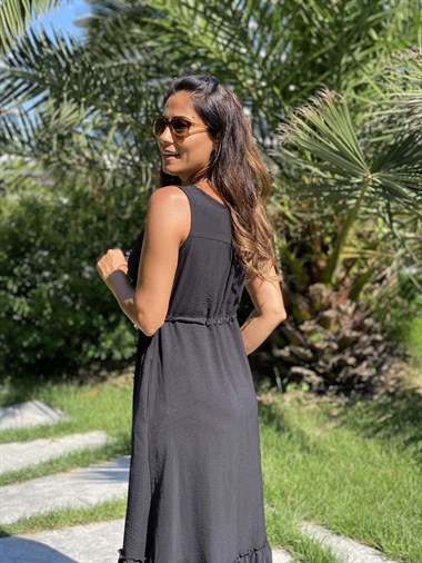 Siyah Sıfır Kol Önü Düğme Detay Bel Bağcıklı Cepli Aerobin Kadın Elbise