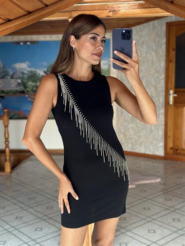 Siyah Sıfır Kol Önü Taş Zincirli Mini Kadın Elbise