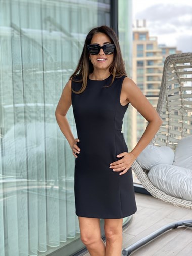 Siyah Sıfır Kol Sırt Fermuarlı Atlas Elbise