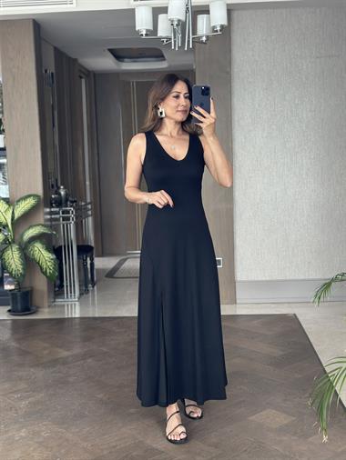Siyah Sıfır Kol V Yaka Tek Yırtmaçlı Modal Kumaş Kadın Maksi Boy Elbise