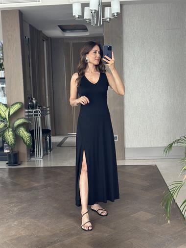 Siyah Sıfır Kol V Yaka Tek Yırtmaçlı Modal Kumaş Kadın Maksi Boy Elbise