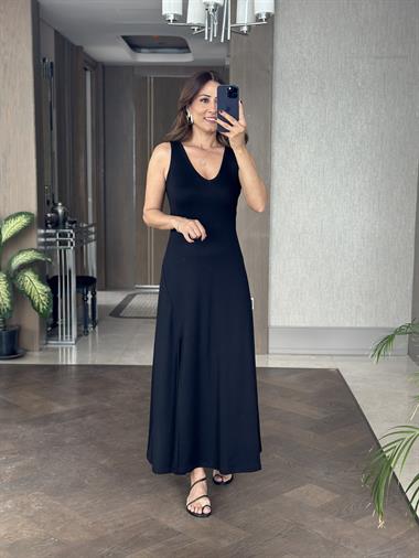 Siyah Sıfır Kol V Yaka Tek Yırtmaçlı Modal Kumaş Kadın Maksi Boy Elbise
