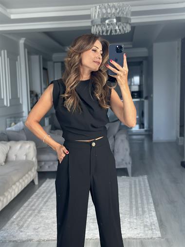 Siyah Sıfır Kol Vatkalı Bluz Pantolon Kadın İkili Takım 