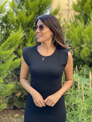 Siyah Sıfır Kol Vatkalı Fitilli Kaşkorse Kadın Elbise
