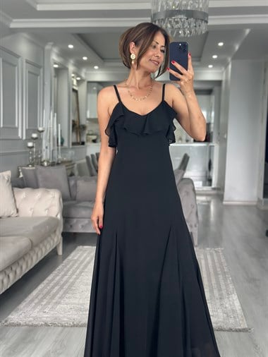 Siyah Şifon Fırfır Detaylı Askılı Maxi Boy Kadın Elbise