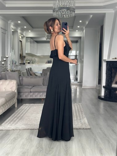 Siyah Şifon Fırfır Detaylı Askılı Maxi Boy Kadın Elbise