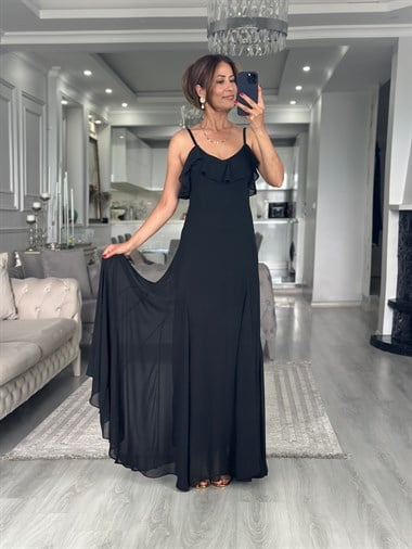 Siyah Şifon Fırfır Detaylı Askılı Maxi Boy Kadın Elbise