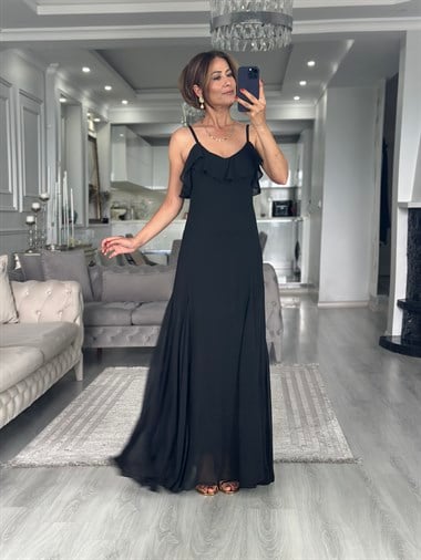 Siyah Şifon Fırfır Detaylı Askılı Maxi Boy Kadın Elbise