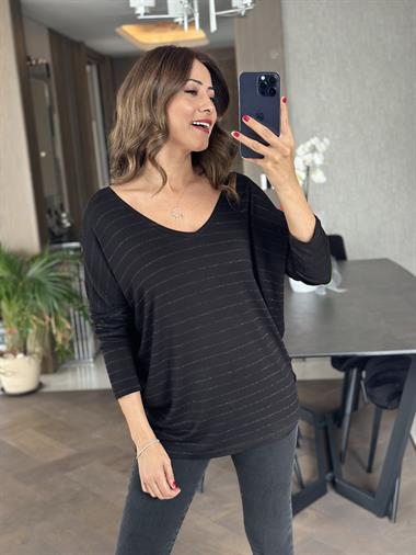 Siyah Sim Çizgili Ön Arka V Yaka Uzun Kol Kadın Bluz